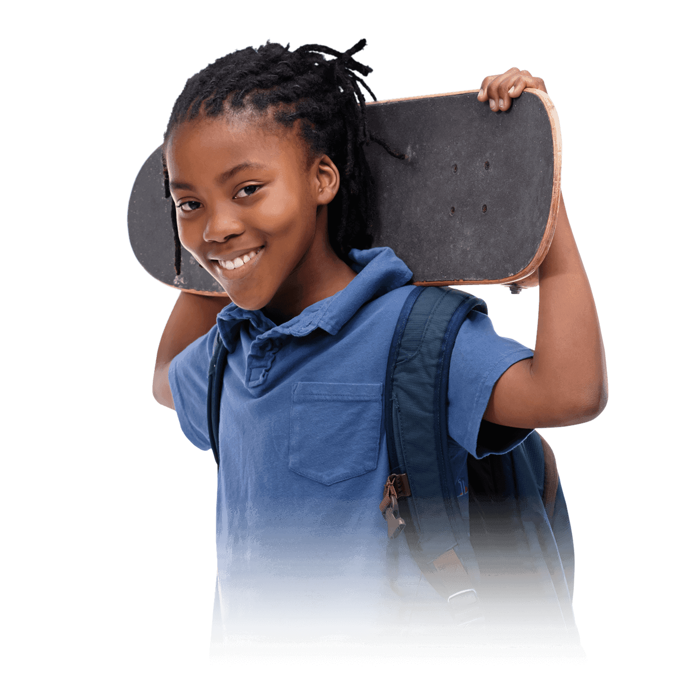 A young kid in a blue t-shirt, with a backpack on his back, holding a skateboard behind his head.