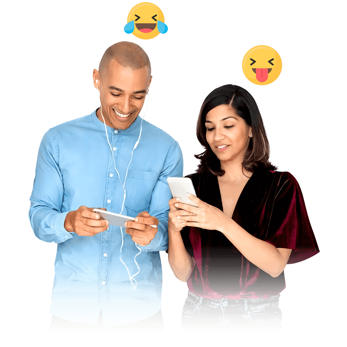 A man smiling while looking at his phone with earphones plugged in, and a woman engaged with her phone.