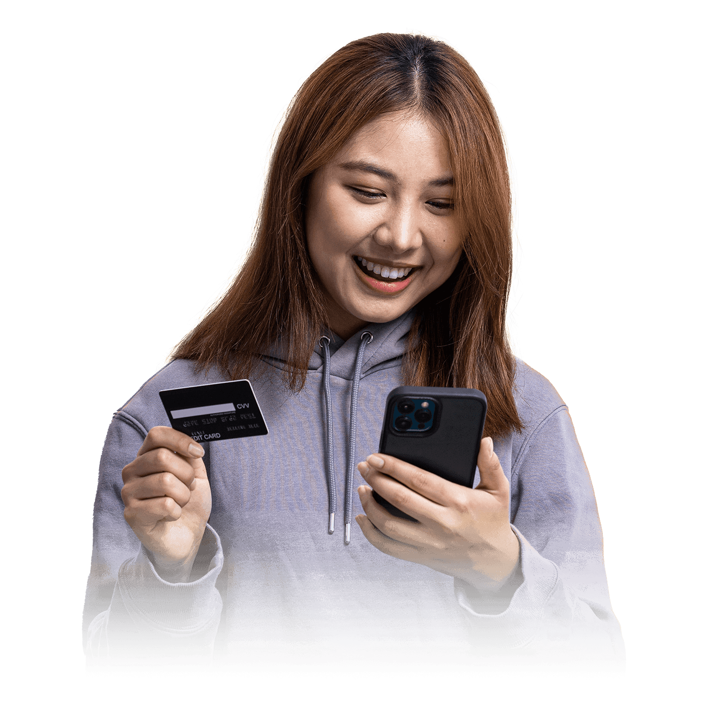 Woman making purchase on phone with credit card