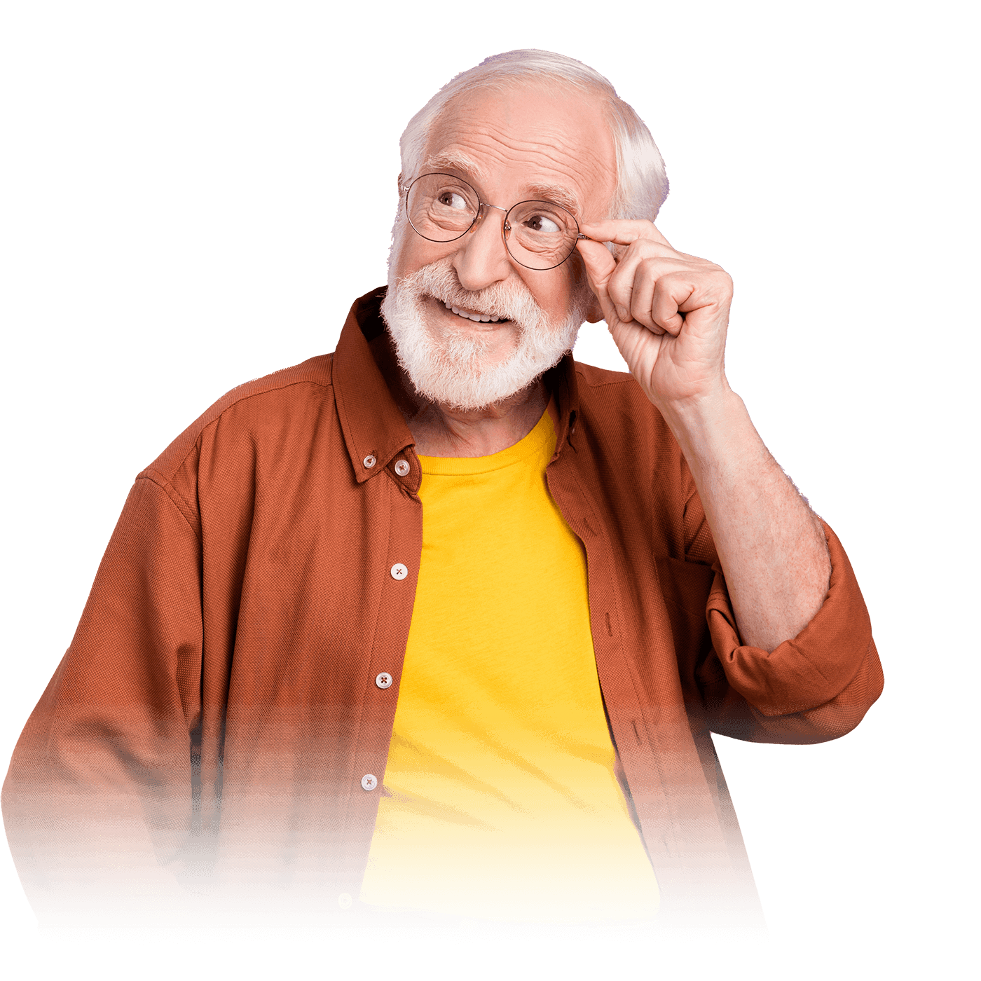 An elderly man wearing glasses.