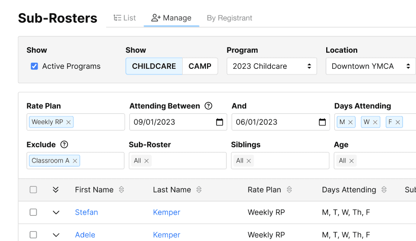 Screenshot of Sub-Rosters page. Offer sibling discounts for program participants when they register.