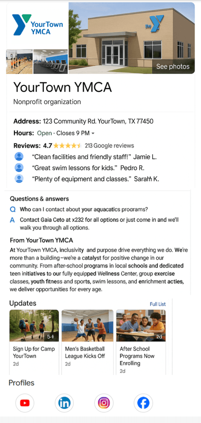 Google profile with reviews, Q&A, Description, Address, Timings, etc.
