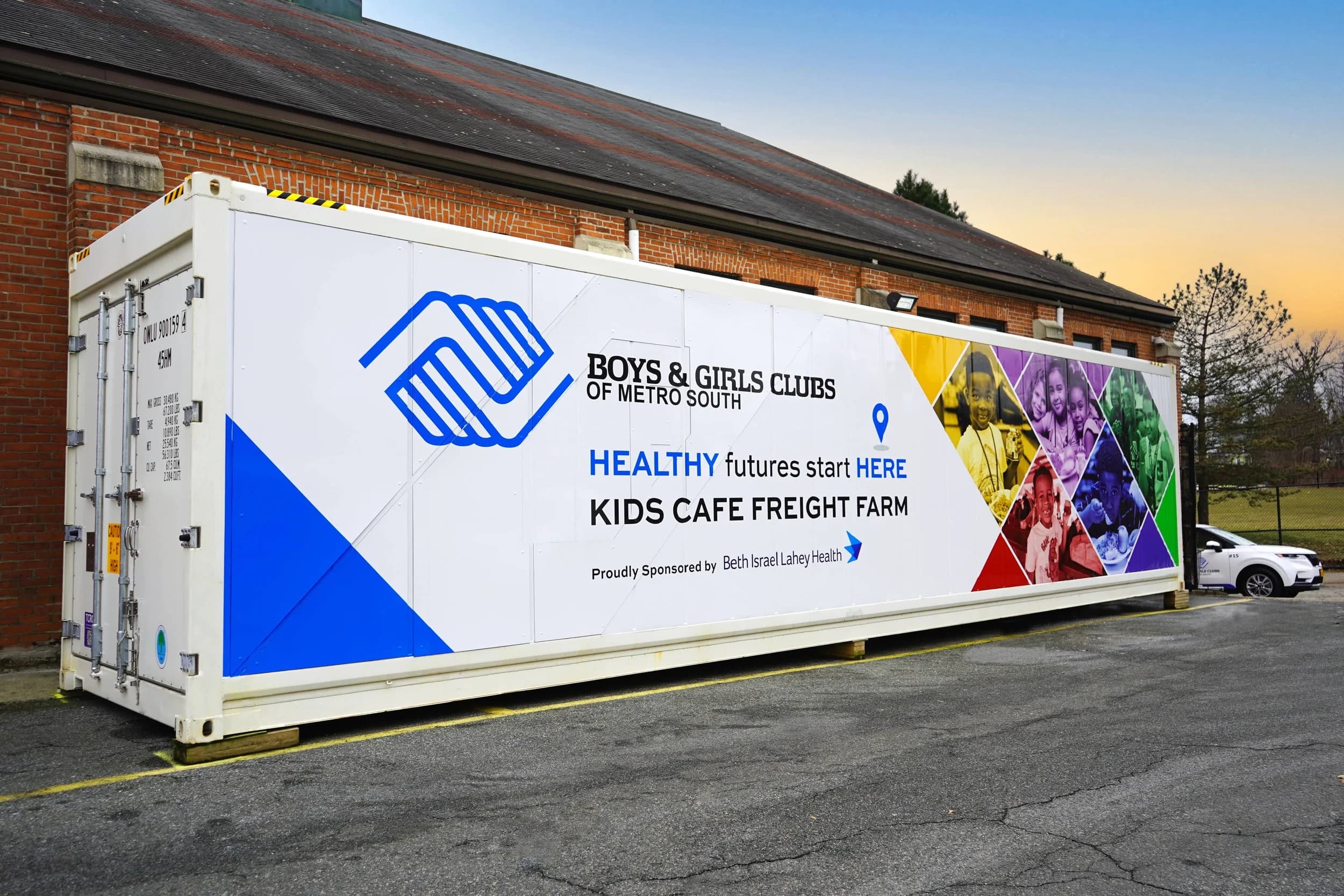 Exterior of the Boys & Girls Clubs of Metro South Kids Cafe Freight Farm shipping container