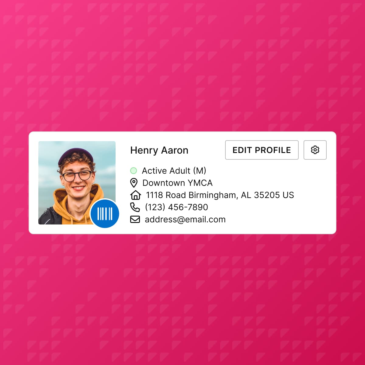 A member profile card for Henry Aaron on a pink branded background. The card shows a profile photo, barcode icon, “Edit Profile” button, settings icon, and contact details including membership type, YMCA location, address, phone number, and email.