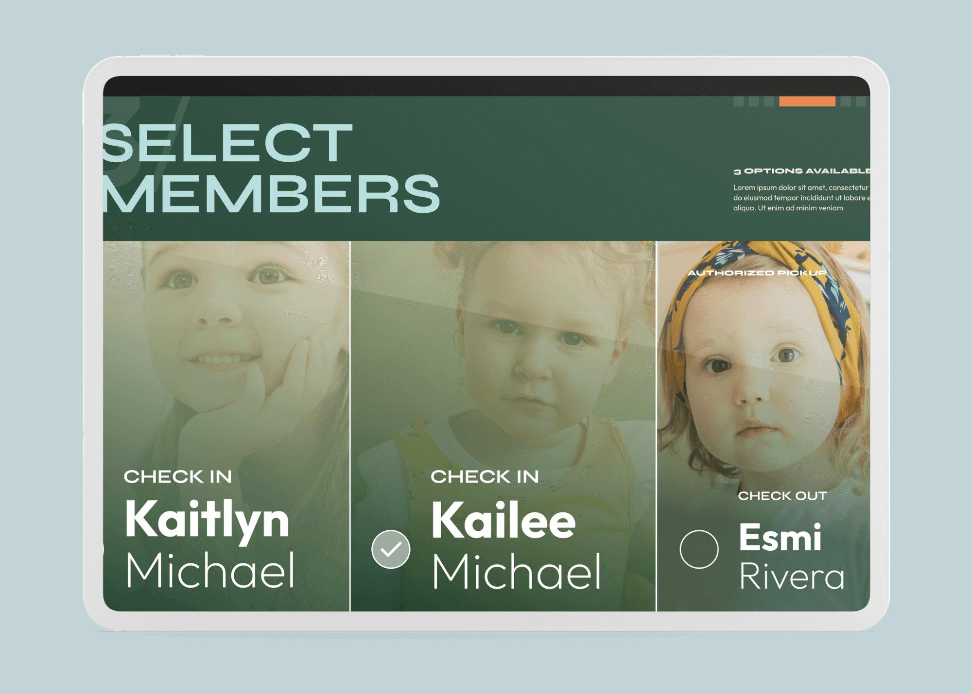 Example of member selection in Alaris check-in system