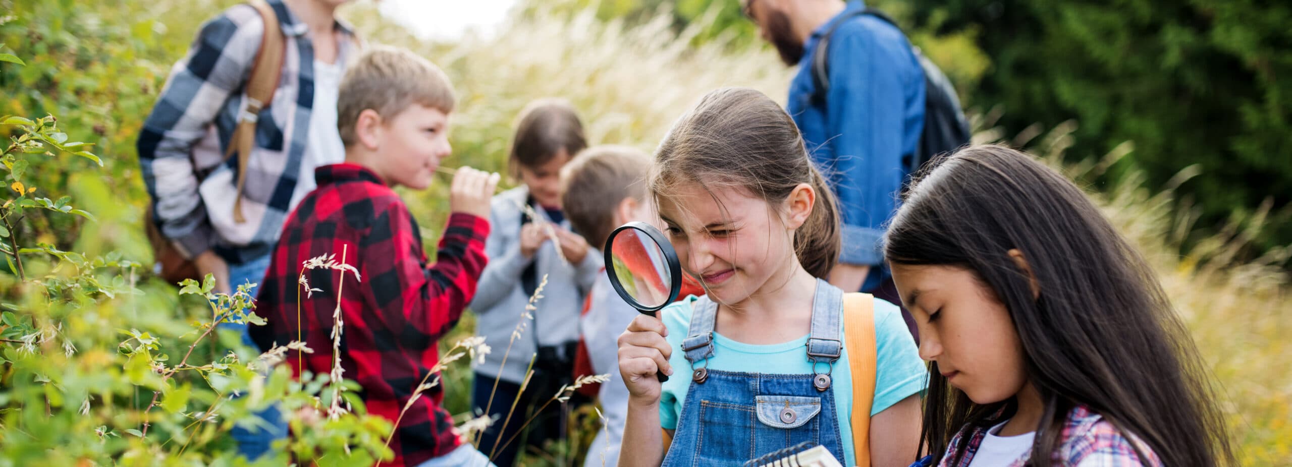 Children and camp counselors hiking