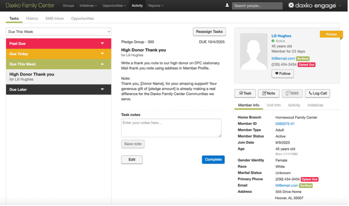 Daxko Engage task screen for sending donor thank-you notes.