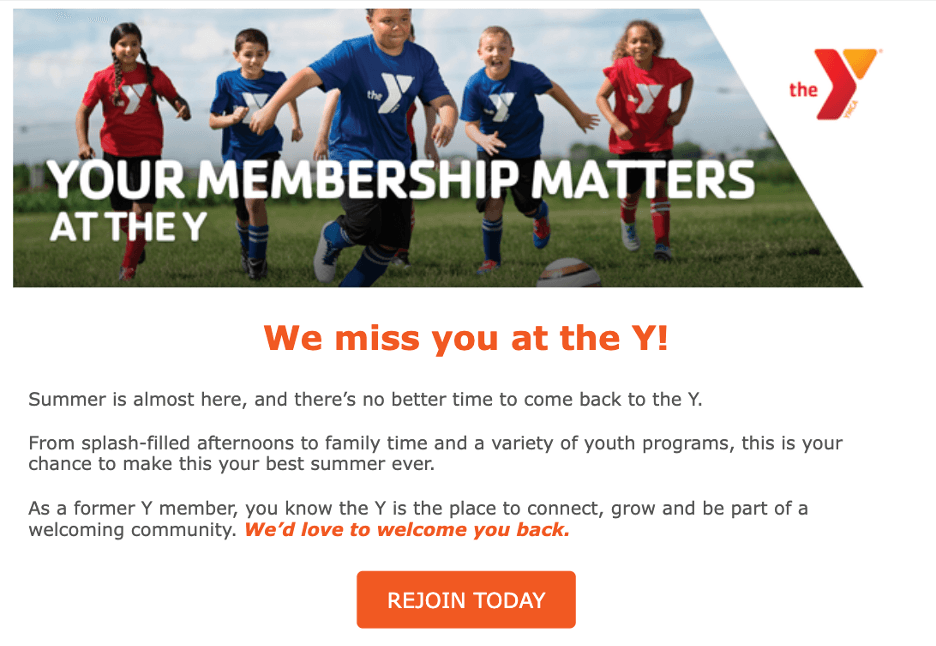 YMCA rejoin message encouraging former members to return to the community.