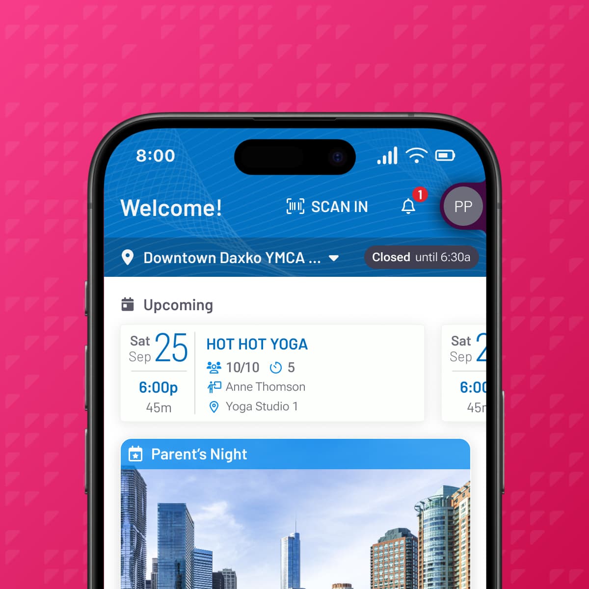 A smartphone displays a YMCA-style mobile app home screen with scan-in access, location status, upcoming class details, notifications, and event information on a pink patterned background.