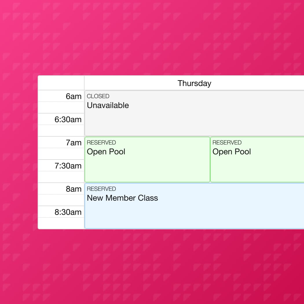 A schedule calendar on a pink patterned background shows Thursday reservations, including an unavailable block at 6am, open pool reservations at 7am, and a new member class at 8am.